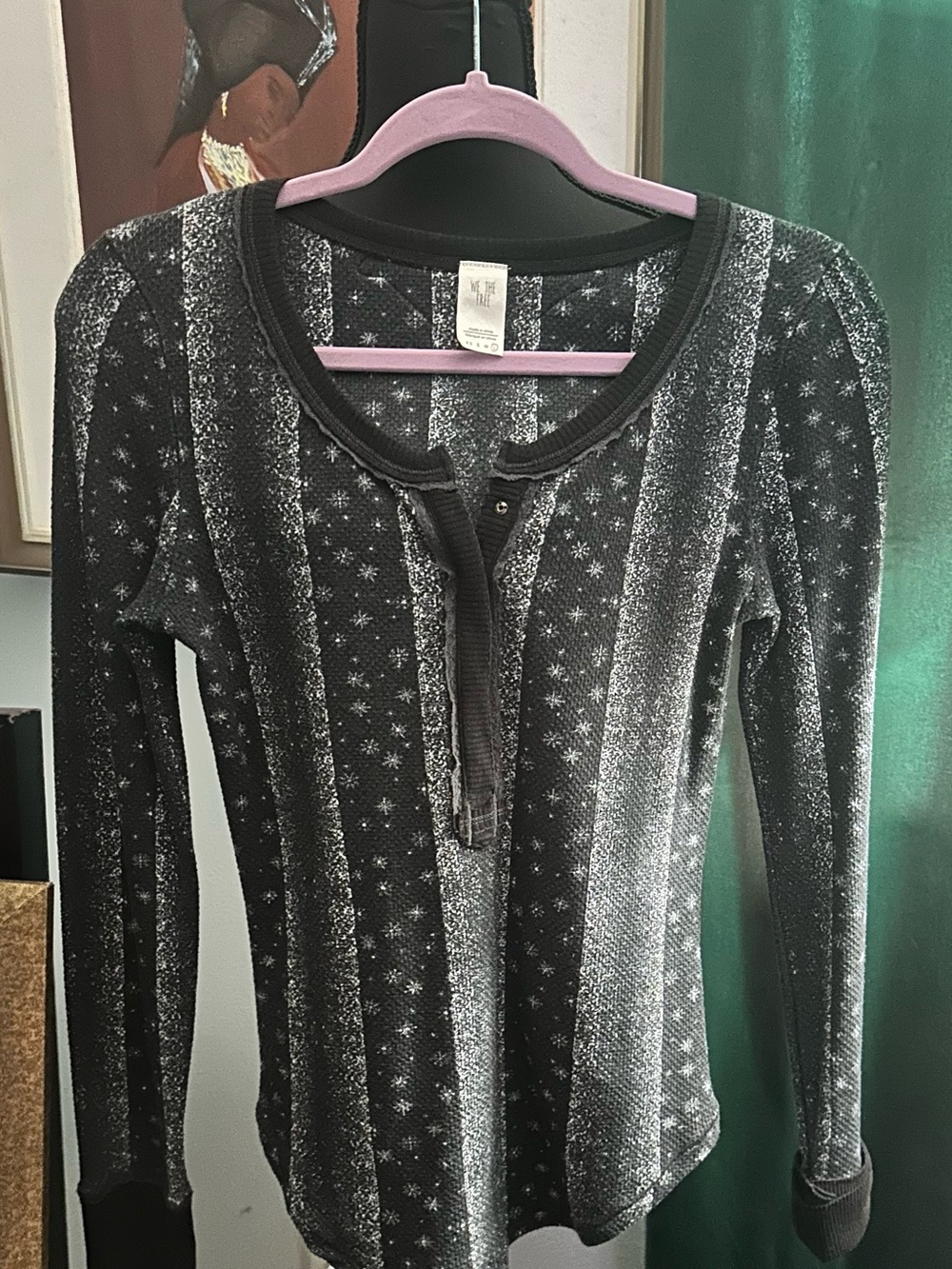 Free People We The Free Black Gray Printed Thermal Henley Top Size L